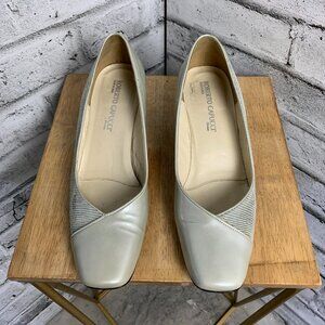 Vintage 90s Pumps 9 Silver Patent Leather Square Toe Low Block Heel Dress Shoes